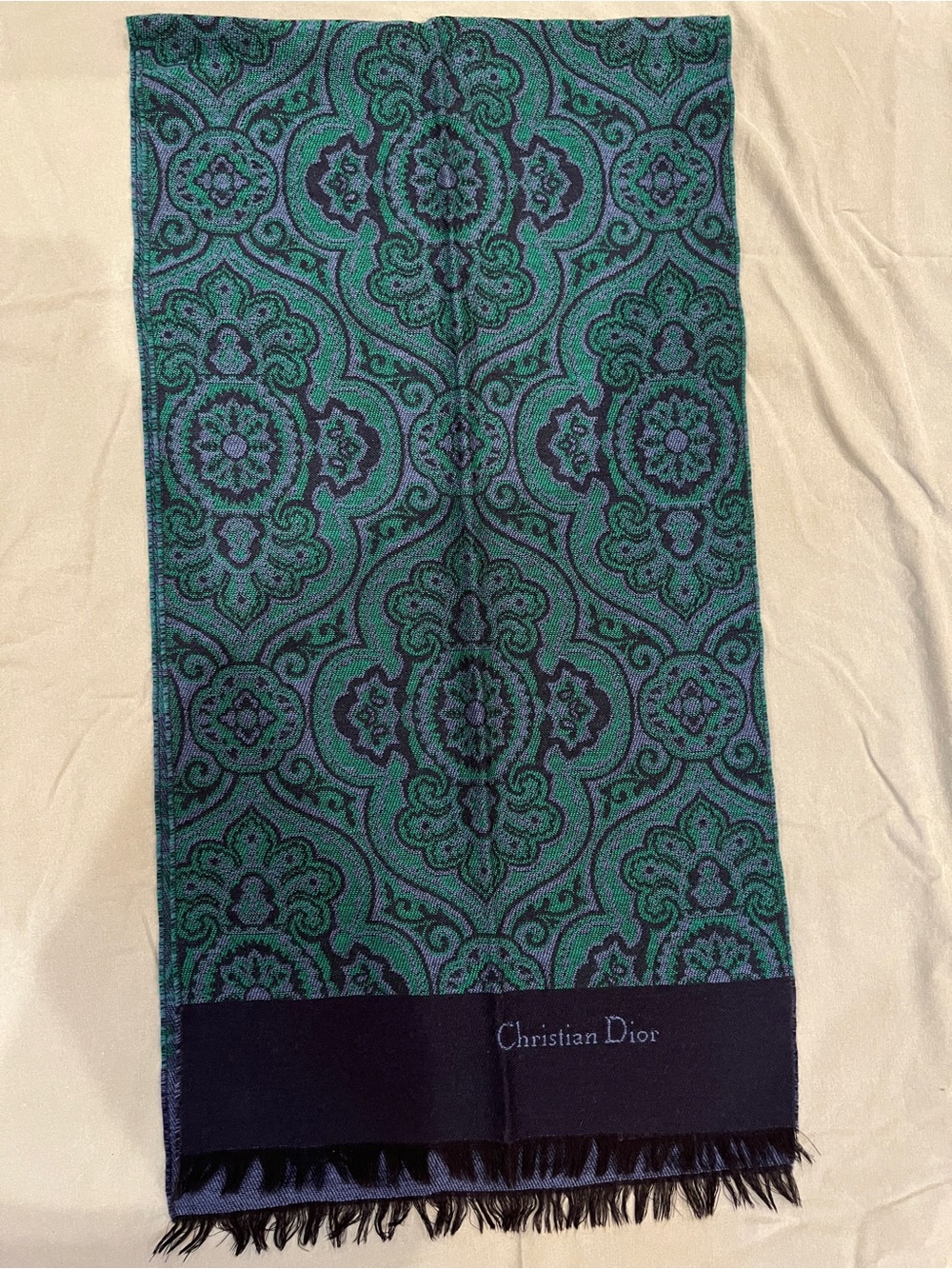 Dior Navy and Forest Green Paisley Merino Wool Scarf